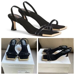 New with Box! Good American The Standout Square Toe Sandal, Black Suede
